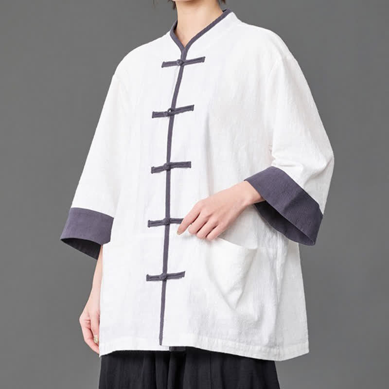 Buddha Stones Camisas de manga tres cuartos para hombre, estilo Summer Tang, con cuello mandarín, botones de rana, color liso y bolsillos. - Blanco - US/UK/AU46, EU56 (5XL) - image 10