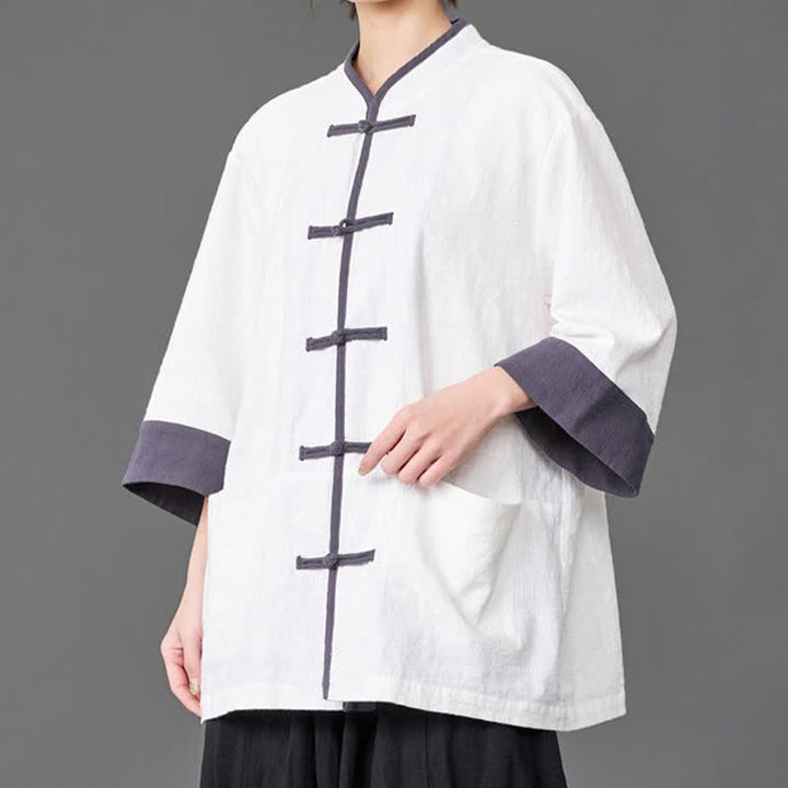 Buddha Stones Camisas de manga tres cuartos para hombre, estilo Summer Tang, con cuello mandarín, botones de rana, color liso y bolsillos. - Blanco - US/UK/AU46, EU56 (5XL) - image 10