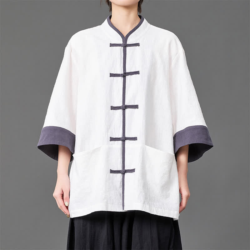 Buddha Stones Camisas de manga tres cuartos para hombre, estilo Summer Tang, con cuello mandarín, botones de rana, color liso y bolsillos. - image 12