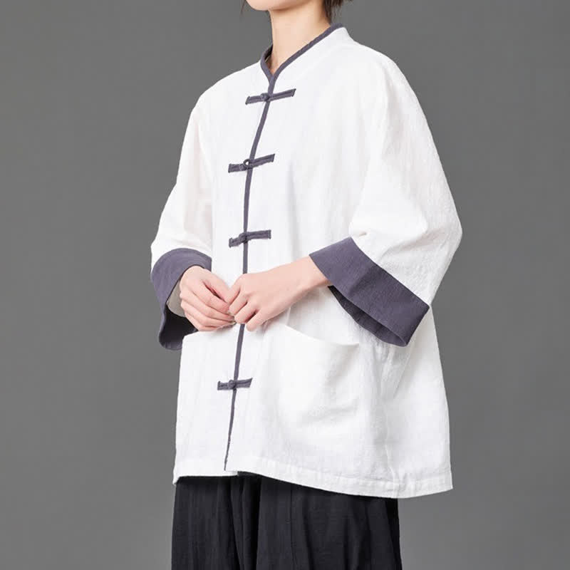 Buddha Stones Camisas de manga tres cuartos para hombre, estilo Summer Tang, con cuello mandarín, botones de rana, color liso y bolsillos. - image 14