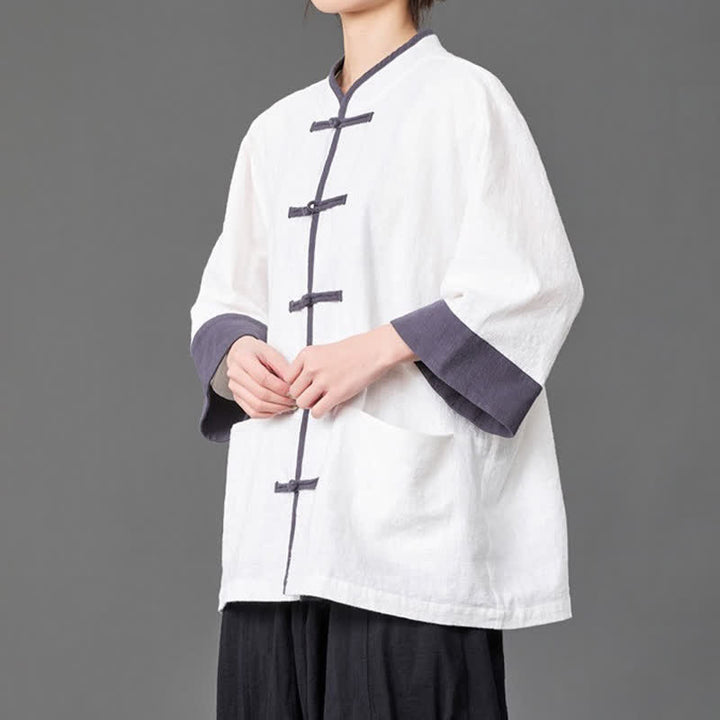 Buddha Stones Camisas de manga tres cuartos para hombre, estilo Summer Tang, con cuello mandarín, botones de rana, color liso y bolsillos. - image 14