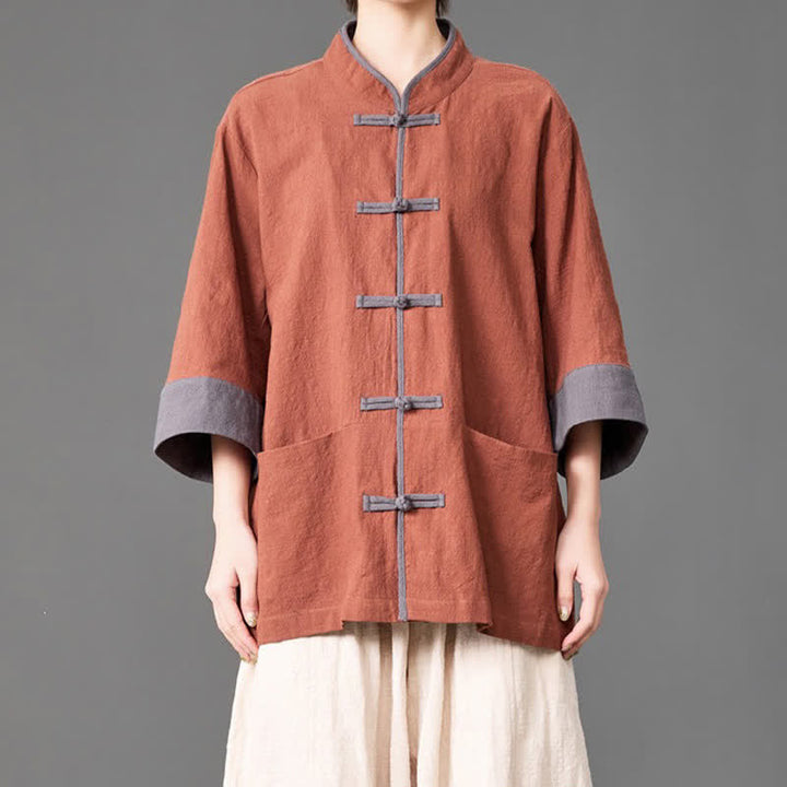 Buddha Stones Camisas de manga tres cuartos para hombre, estilo Summer Tang, con cuello mandarín, botones de rana, color liso y bolsillos. - image 17