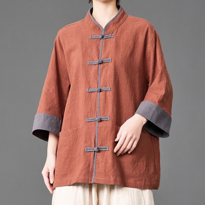 Buddha Stones Camisas de manga tres cuartos para hombre, estilo Summer Tang, con cuello mandarín, botones de rana, color liso y bolsillos. - image 16