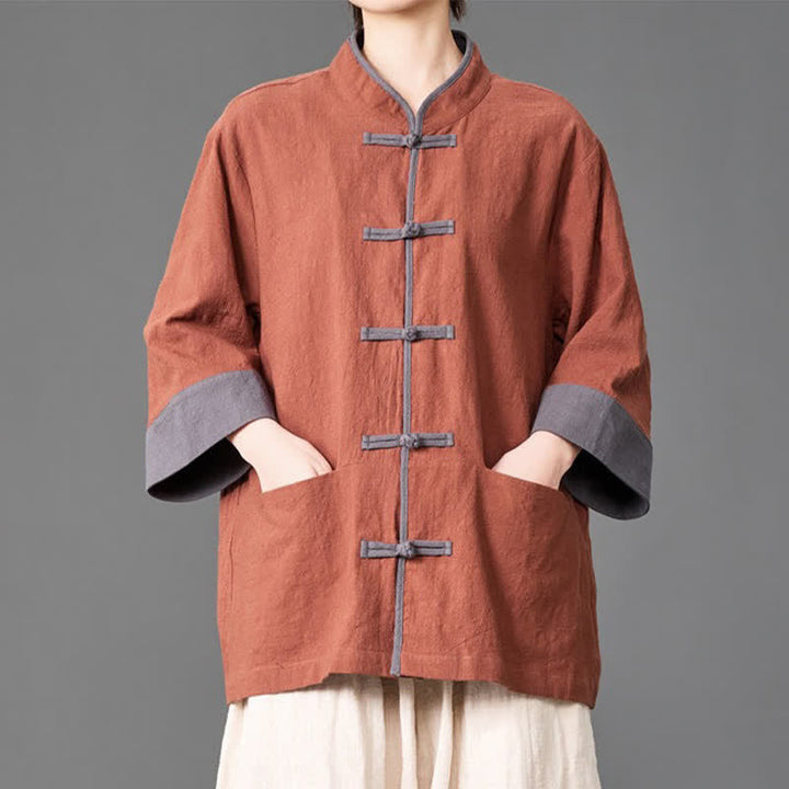 Buddha Stones Camisas de manga tres cuartos para hombre, estilo Summer Tang, con cuello mandarín, botones de rana, color liso y bolsillos. - image 19