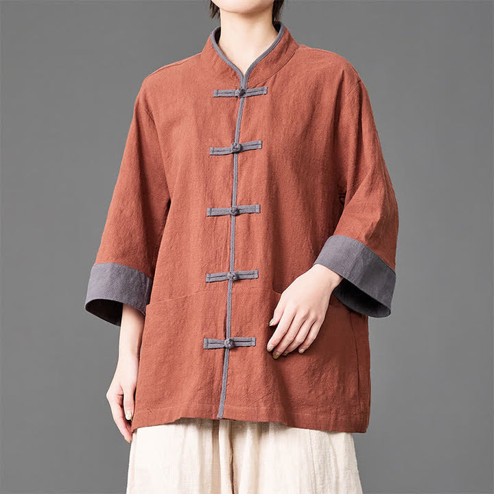 Buddha Stones Camisas de manga tres cuartos para hombre, estilo Summer Tang, con cuello mandarín, botones de rana, color liso y bolsillos. - image 18