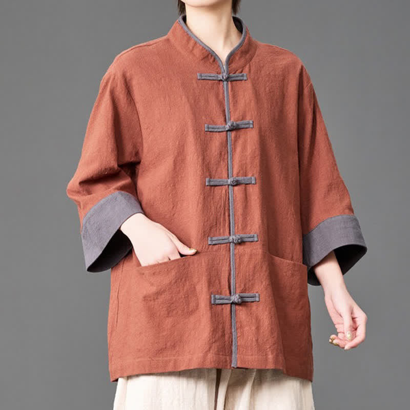 Buddha Stones Camisas de manga tres cuartos para hombre, estilo Summer Tang, con cuello mandarín, botones de rana, color liso y bolsillos. - image 20
