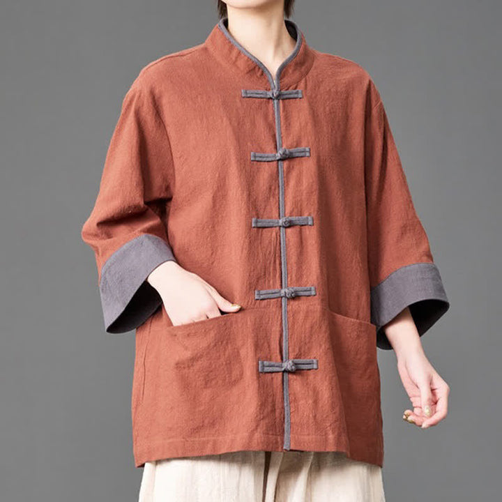 Buddha Stones Camisas de manga tres cuartos para hombre, estilo Summer Tang, con cuello mandarín, botones de rana, color liso y bolsillos. - image 20