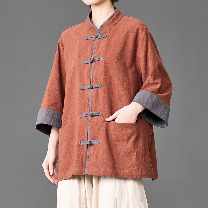 Buddha Stones Camisas de manga tres cuartos para hombre, estilo Summer Tang, con cuello mandarín, botones de rana, color liso y bolsillos. - Tierra de siena - US/UK/AU46, EU56 (5XL) - image 15