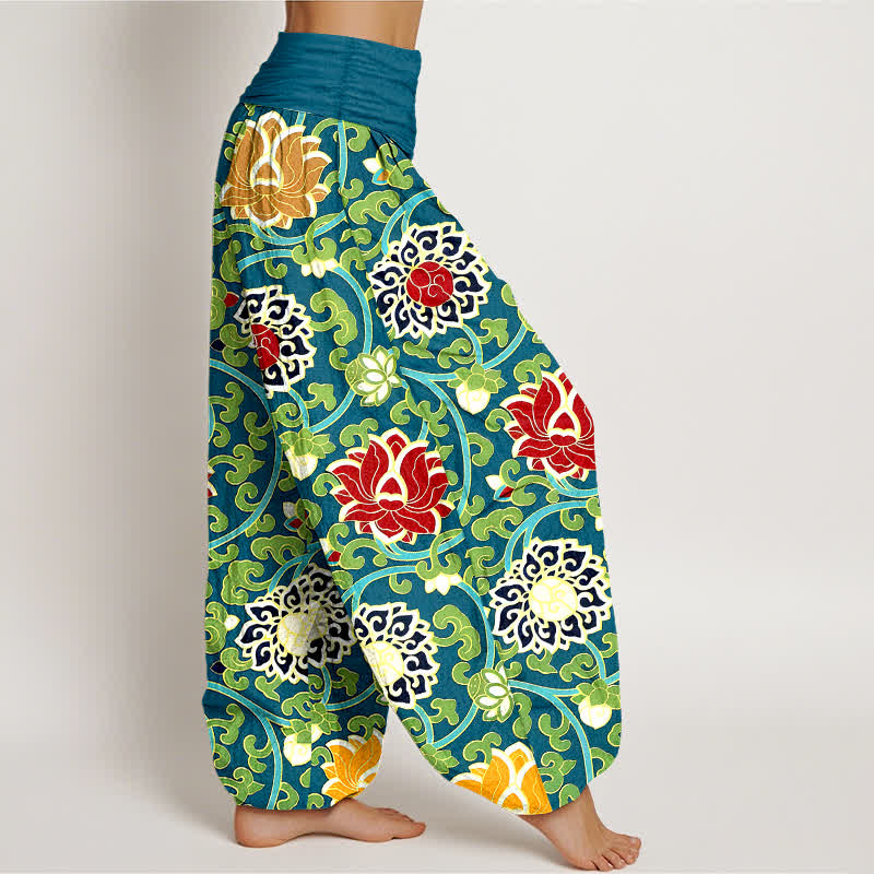Buddha Stones Pantalones harem de mujer con cintura elástica y estampado bohemio de enredadera de loto, de algodón puro. - image 2