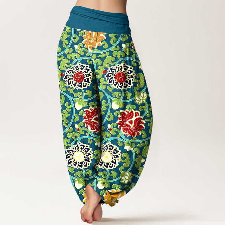 Buddha Stones Pantalones harem de mujer con cintura elástica y estampado bohemio de enredadera de loto, de algodón puro. - image 1