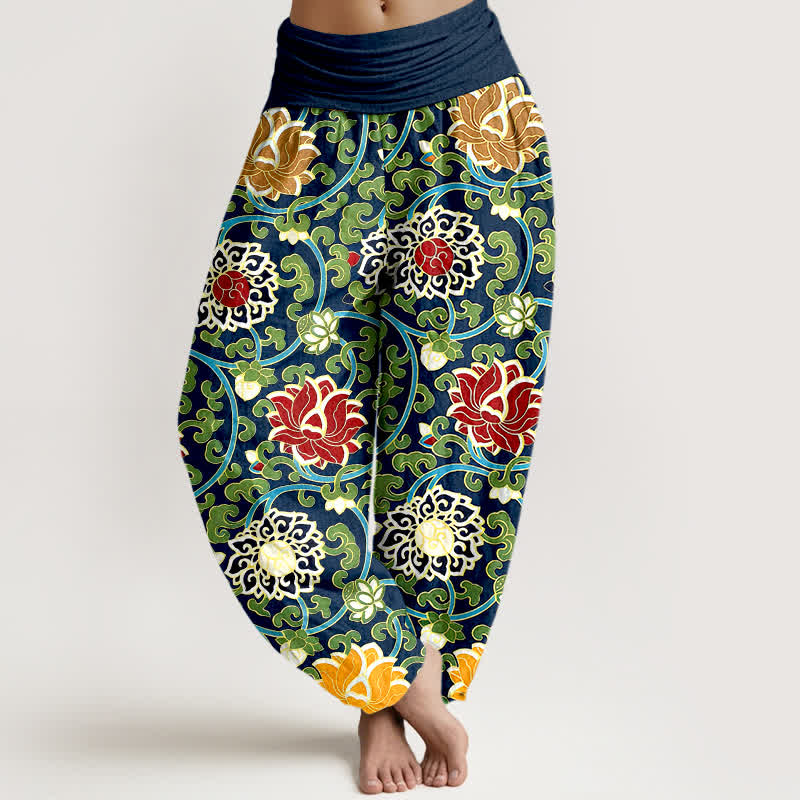 Buddha Stones Pantalones harem de mujer con cintura elástica y estampado bohemio de enredadera de loto, de algodón puro. - image 8