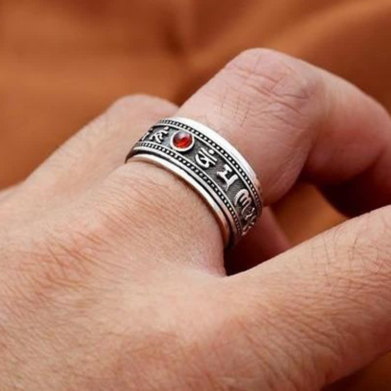 Buddha Stones Anillo giratorio de cobre con el símbolo Om Mani Padme Hum de granate - image 12