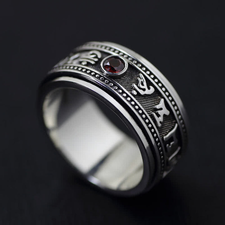 Buddha Stones Anillo giratorio de cobre con el símbolo Om Mani Padme Hum de granate - 21,6 mm - image 0