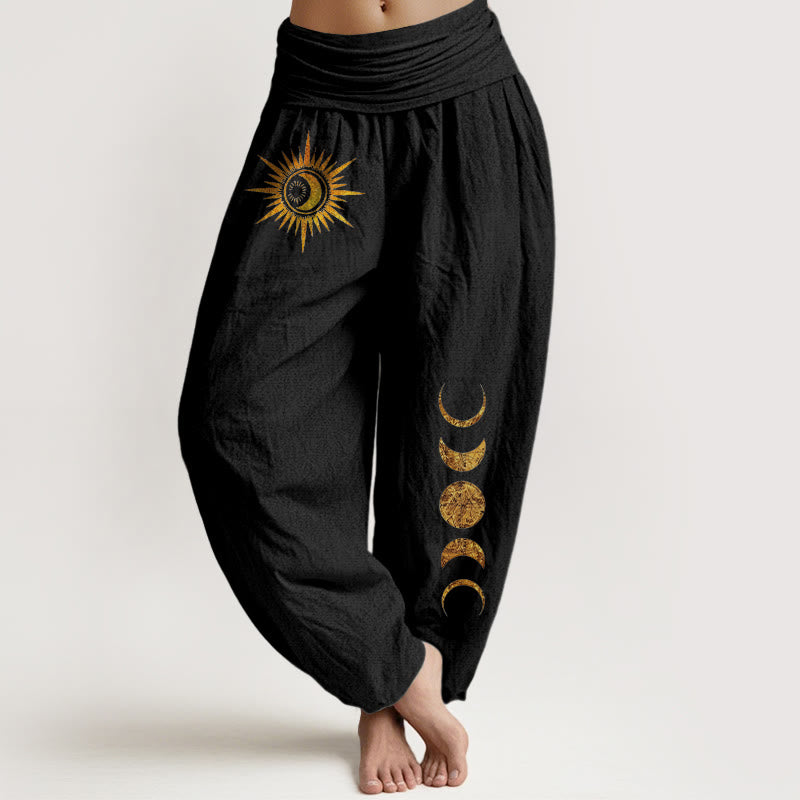 Buddha Stones Pantalones harem de mujer con cintura elástica y estampado de fases lunares y sol dorado, de algodón puro para mujer. - Negro - US16，UK/AU20，EU48 (3XL) - image 0