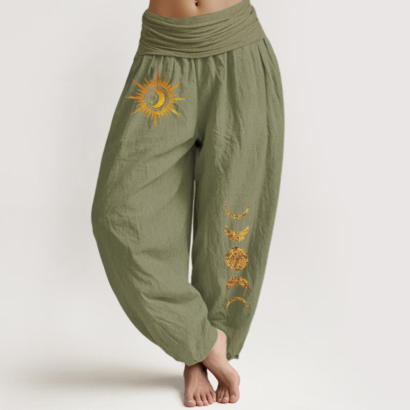Buddha Stones Pantalones harem de mujer con cintura elástica y estampado de fases lunares y sol dorado, de algodón puro para mujer. - Verde oliva - US16，UK/AU20，EU48 (3XL) - image 14