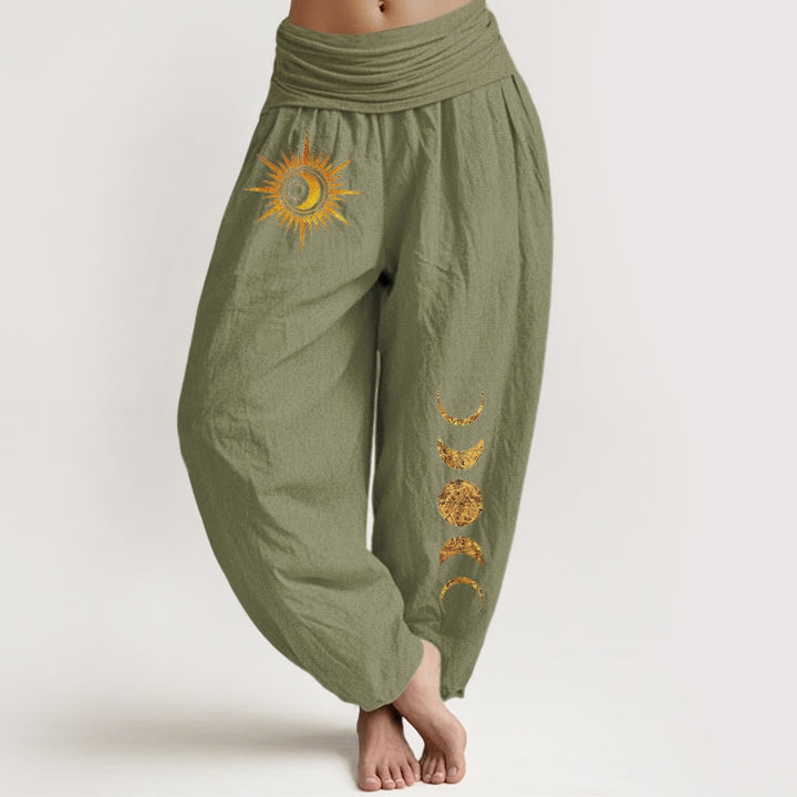 Buddha Stones Pantalones harem de mujer con cintura elástica y estampado de fases lunares y sol dorado, de algodón puro para mujer. - Verde oliva - US16，UK/AU20，EU48 (3XL) - image 14