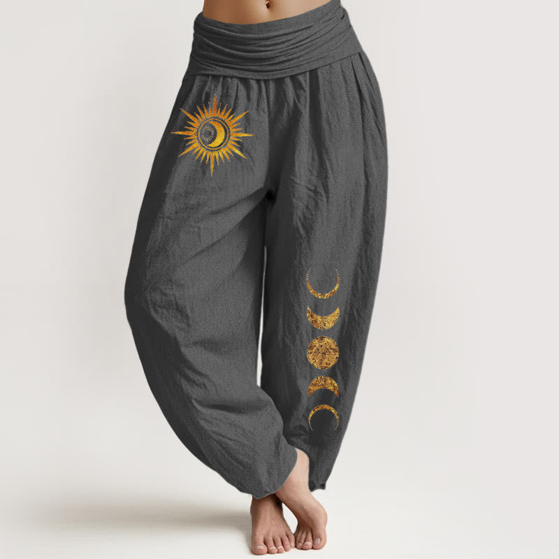 Buddha Stones Pantalones harem de mujer con cintura elástica y estampado de fases lunares y sol dorado, de algodón puro para mujer. - Gris oscuro - US16，UK/AU20，EU48 (3XL) - image 11