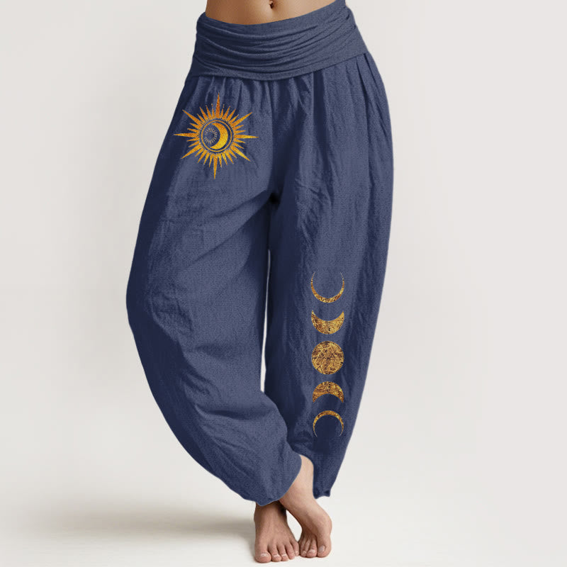 Buddha Stones Pantalones harem de mujer con cintura elástica y estampado de fases lunares y sol dorado, de algodón puro para mujer. - Azul pizarra oscuro - US16，UK/AU20，EU48 (3XL) - image 8