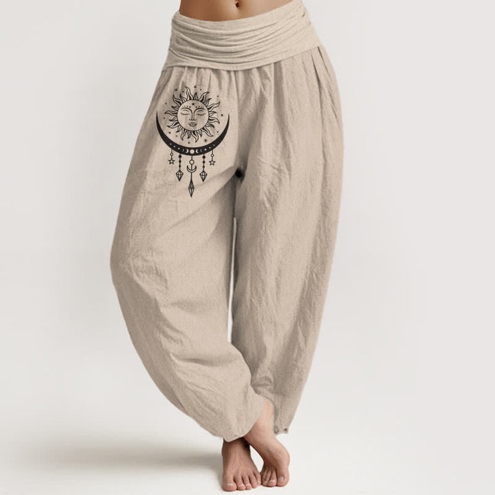 Buddha Stones Pantalones harem de algodón puro con estampado de sol, luna y estrellas con borlas para mujer y cintura elástica. - Broncearse - US16，UK/AU20，EU48 (3XL) - image 0
