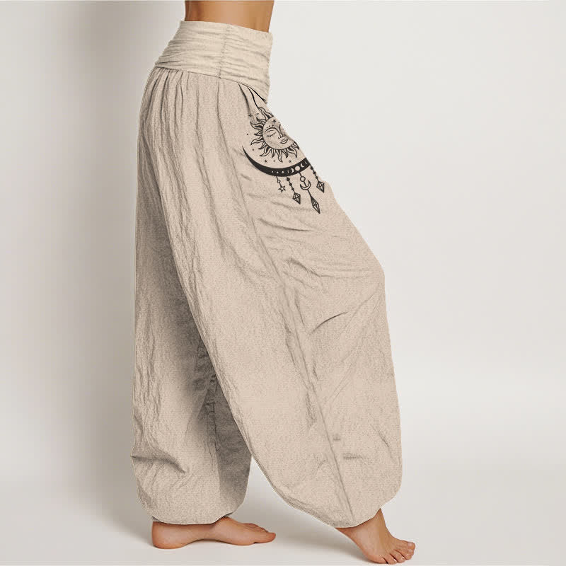 Buddha Stones Pantalones harem de algodón puro con estampado de sol, luna y estrellas con borlas para mujer y cintura elástica. - image 1