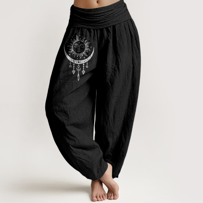 Buddha Stones Pantalones harem de algodón puro con estampado de sol, luna y estrellas con borlas para mujer y cintura elástica. - Negro - US16，UK/AU20，EU48 (3XL) - image 5