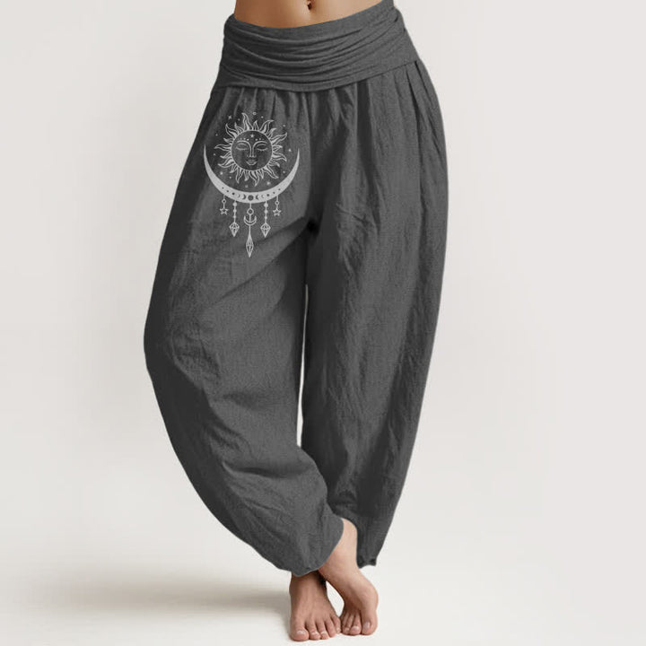 Buddha Stones Pantalones harem de algodón puro con estampado de sol, luna y estrellas con borlas para mujer y cintura elástica. - Gris oscuro - US16，UK/AU20，EU48 (3XL) - image 11