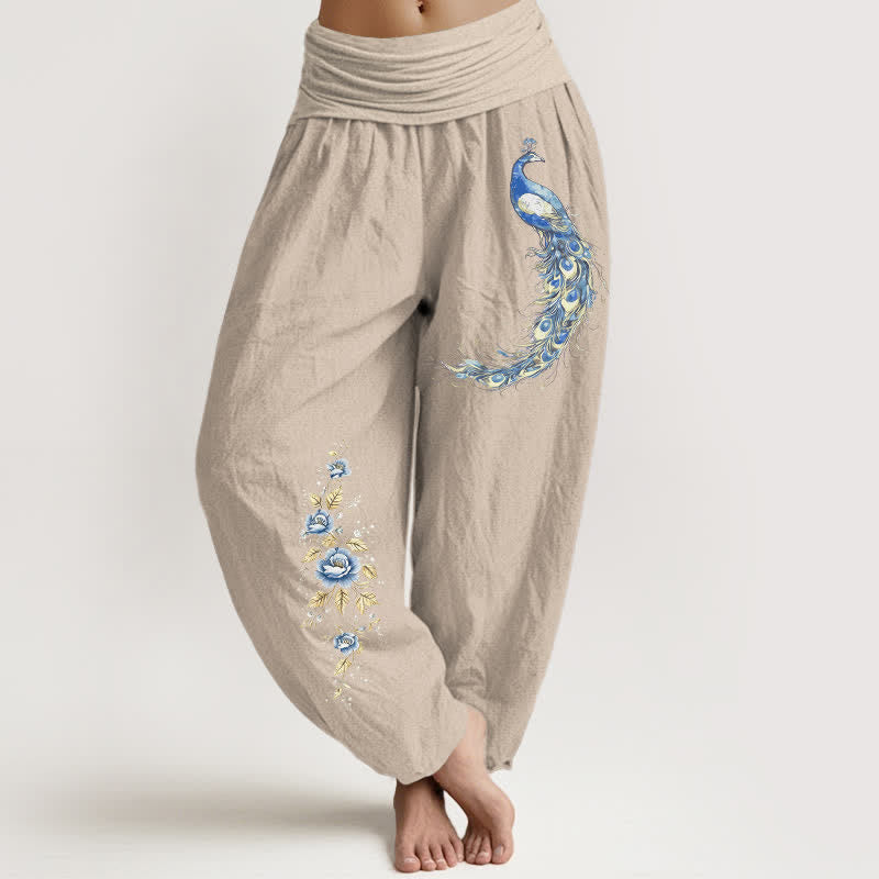 Buddha Stones Pantalones harem de mujer con cintura elástica y estampado de pavo real, de algodón puro. - Broncearse - US16，UK/AU20，EU48 (3XL) - image 5