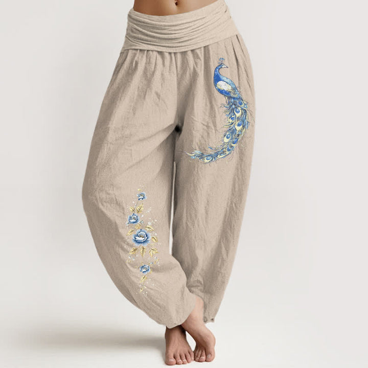 Buddha Stones Pantalones harem de mujer con cintura elástica y estampado de pavo real, de algodón puro. - Broncearse - US16，UK/AU20，EU48 (3XL) - image 5