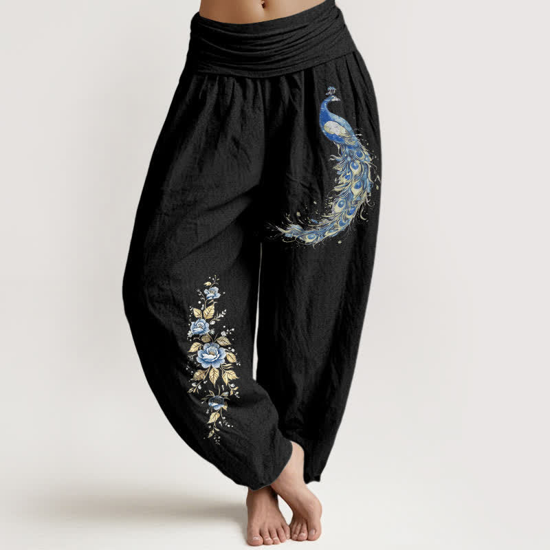 Buddha Stones Pantalones harem de mujer con cintura elástica y estampado de pavo real, de algodón puro. - Negro - US16，UK/AU20，EU48 (3XL) - image 8