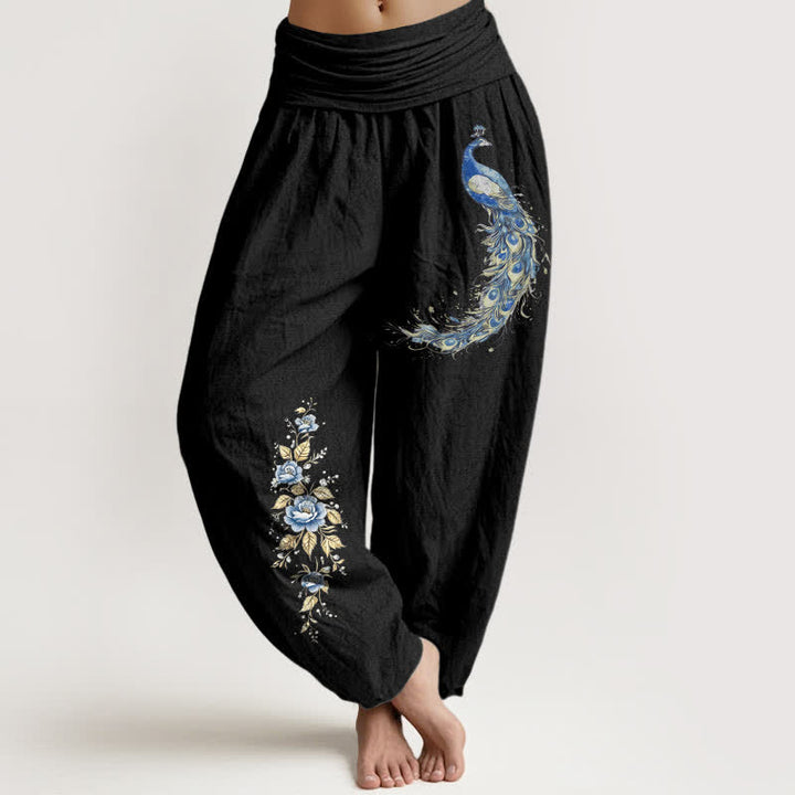 Buddha Stones Pantalones harem de mujer con cintura elástica y estampado de pavo real, de algodón puro. - Negro - US16，UK/AU20，EU48 (3XL) - image 8
