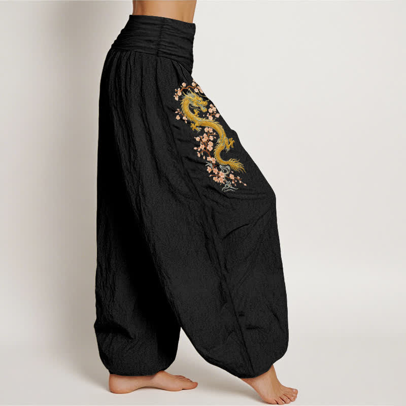 Buddha Stones Pantalones harem de algodón puro con estampado de dragón dorado y flores rosas para mujer, con cintura elástica. - image 1
