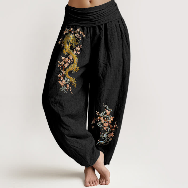 Buddha Stones Pantalones harem de algodón puro con estampado de dragón dorado y flores rosas para mujer, con cintura elástica. - Negro - US16，UK/AU20，EU48 (3XL) - image 0