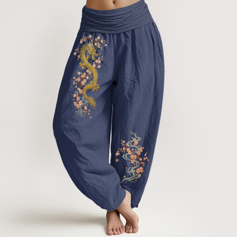Buddha Stones Pantalones harem de algodón puro con estampado de dragón dorado y flores rosas para mujer, con cintura elástica. - Azul pizarra oscuro - US16，UK/AU20，EU48 (3XL) - image 8