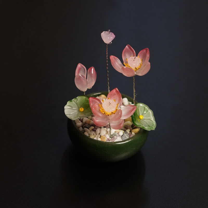 Buddha Stones Maceta de peonías, lotos y liuli hecha a mano para una decoración consciente. - Loto rosa oscuro - image 0