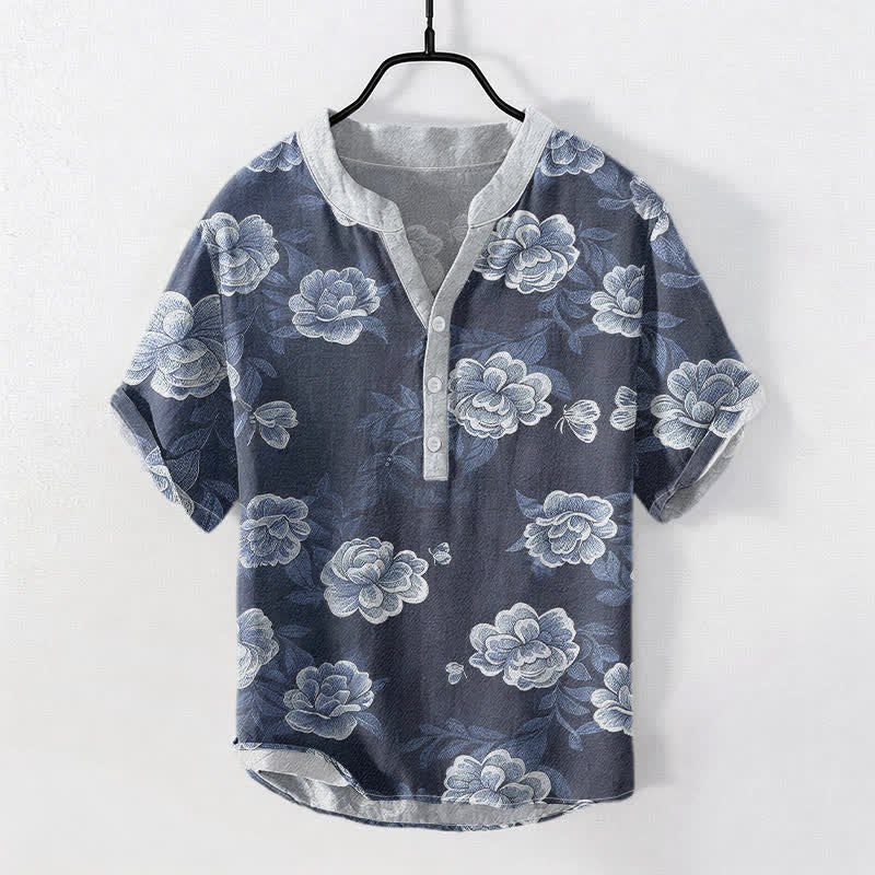Buddha Stones Camisa de manga corta con medio botón y estampado vintage de peonías para hombre, de algodón. - Azul acero - US/UK/AU50, EU60 (5XL) - image 0