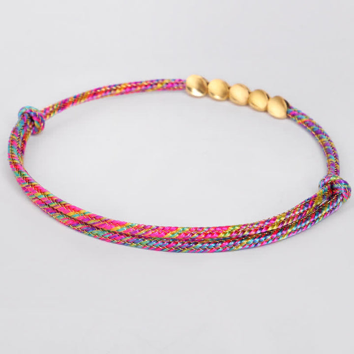 Buddha Stones Pulsera de la suerte con hilo trenzado multicolor arcoíris y cuentas de cobre dorado - image 4