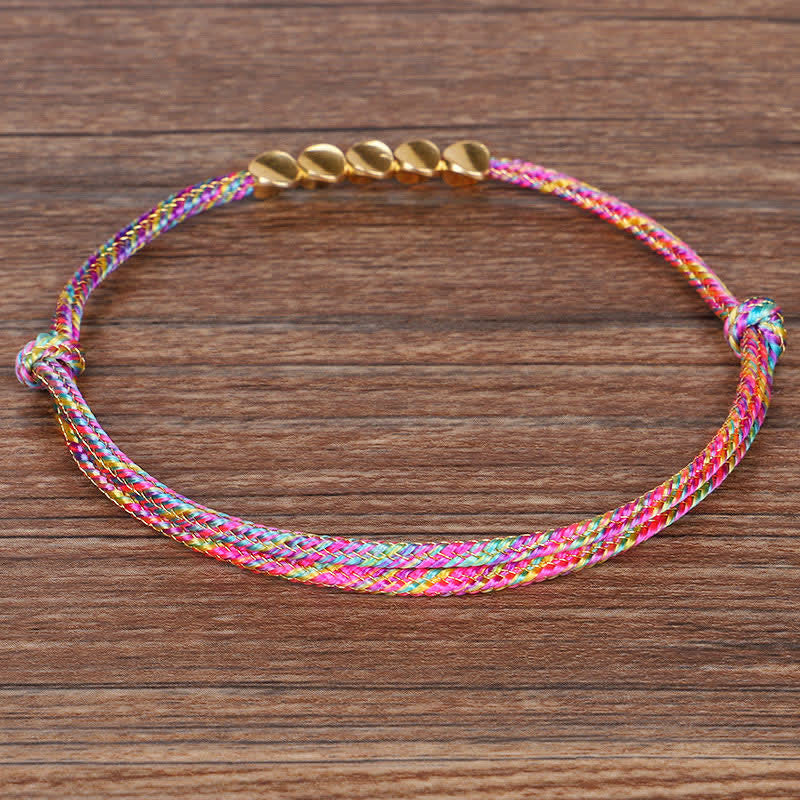Buddha Stones Pulsera de la suerte con hilo trenzado multicolor arcoíris y cuentas de cobre dorado - image 3