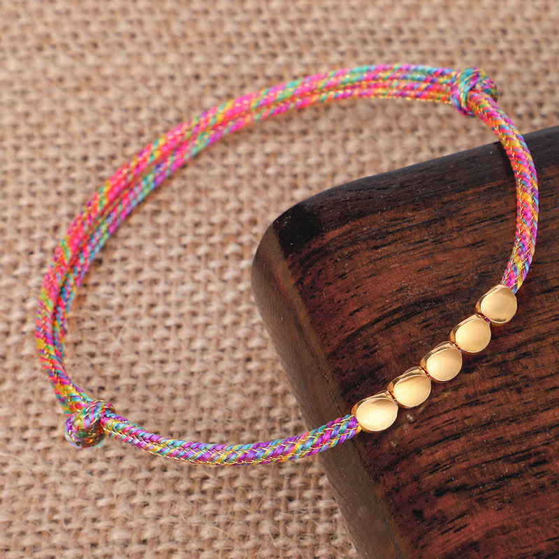 Buddha Stones Pulsera de la suerte con hilo trenzado multicolor arcoíris y cuentas de cobre dorado - image 2