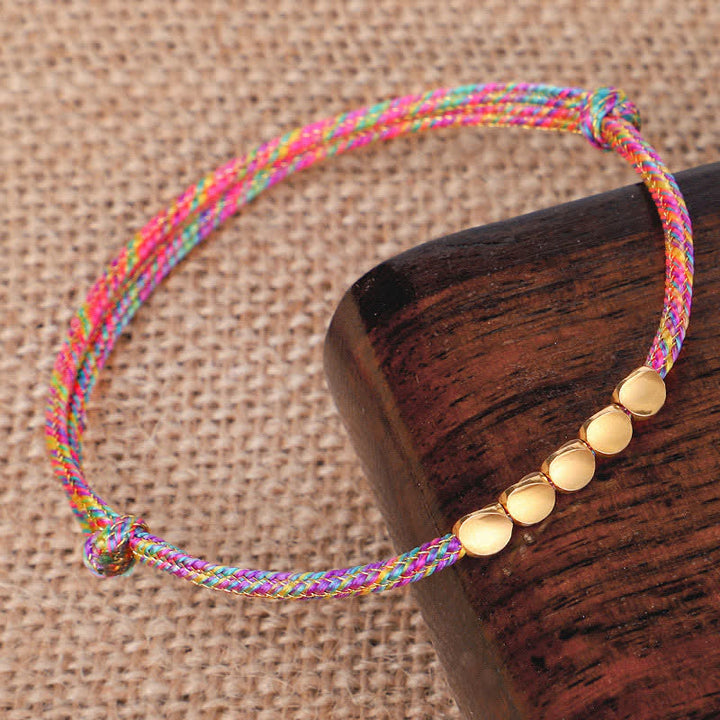 Buddha Stones Pulsera de la suerte con hilo trenzado multicolor arcoíris y cuentas de cobre dorado - image 2