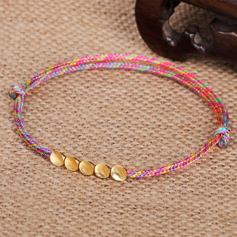 Buddha Stones Pulsera de la suerte con hilo trenzado multicolor arcoíris y cuentas de cobre dorado - image 1