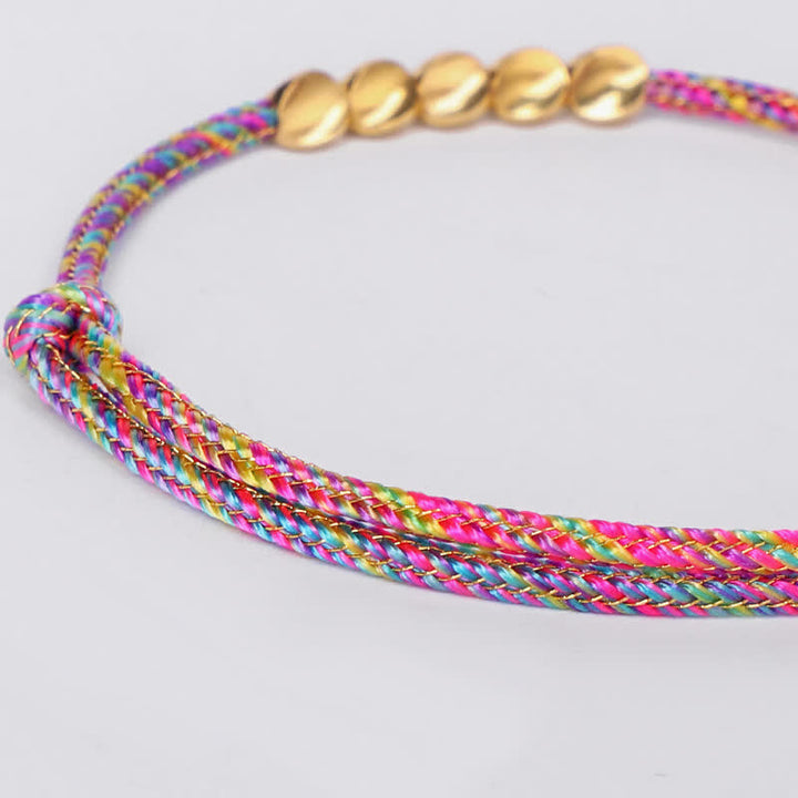 Buddha Stones Pulsera de la suerte con hilo trenzado multicolor arcoíris y cuentas de cobre dorado - image 8