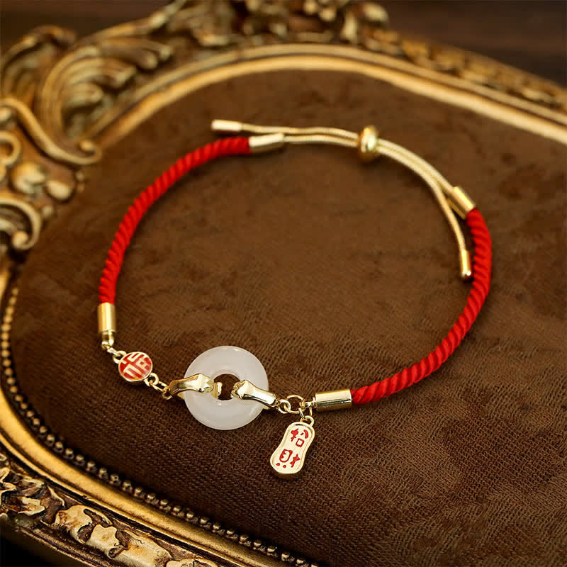 Buddha Stones Pulsera de bendición trenzada con personaje de cuerda roja y jade blanco - image 2