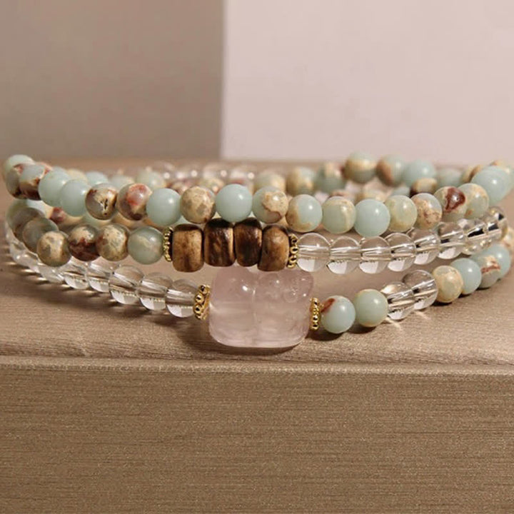 Buddha Stones Pulsera PiXiu de triple vuelta con cuarzo transparente rodonita y cuarzo rosa - Piedra Shoushan (circunferencia de la muñeca: 17–18 cm) - image 10