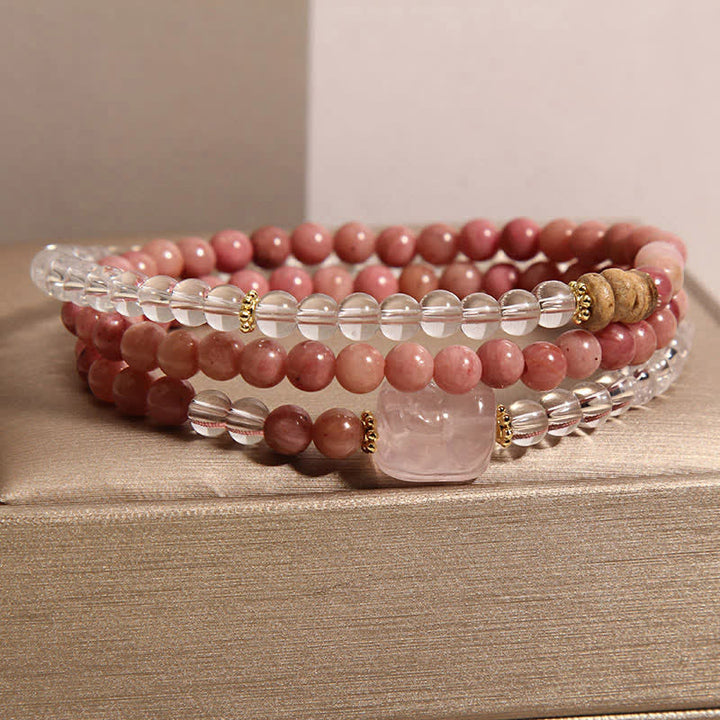 Buddha Stones Pulsera PiXiu de triple vuelta con cuarzo transparente rodonita y cuarzo rosa - image 2