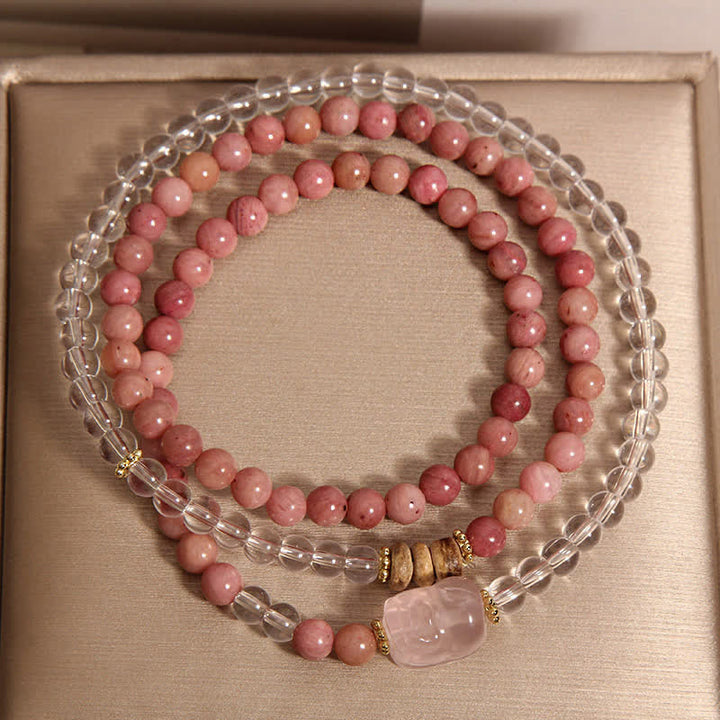 Buddha Stones Pulsera PiXiu de triple vuelta con cuarzo transparente rodonita y cuarzo rosa - image 4