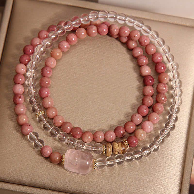 Buddha Stones Pulsera PiXiu de triple vuelta con cuarzo transparente rodonita y cuarzo rosa - image 3