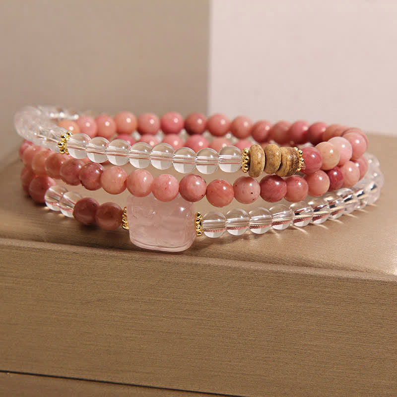 Buddha Stones Pulsera PiXiu de triple vuelta con cuarzo transparente rodonita y cuarzo rosa - image 1