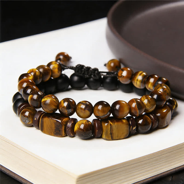 Buddha Stones Pulsera de fuerza cuadrada de doble vuelta con cuentas de hematita ojo de tigre (2 piezas) - image 8