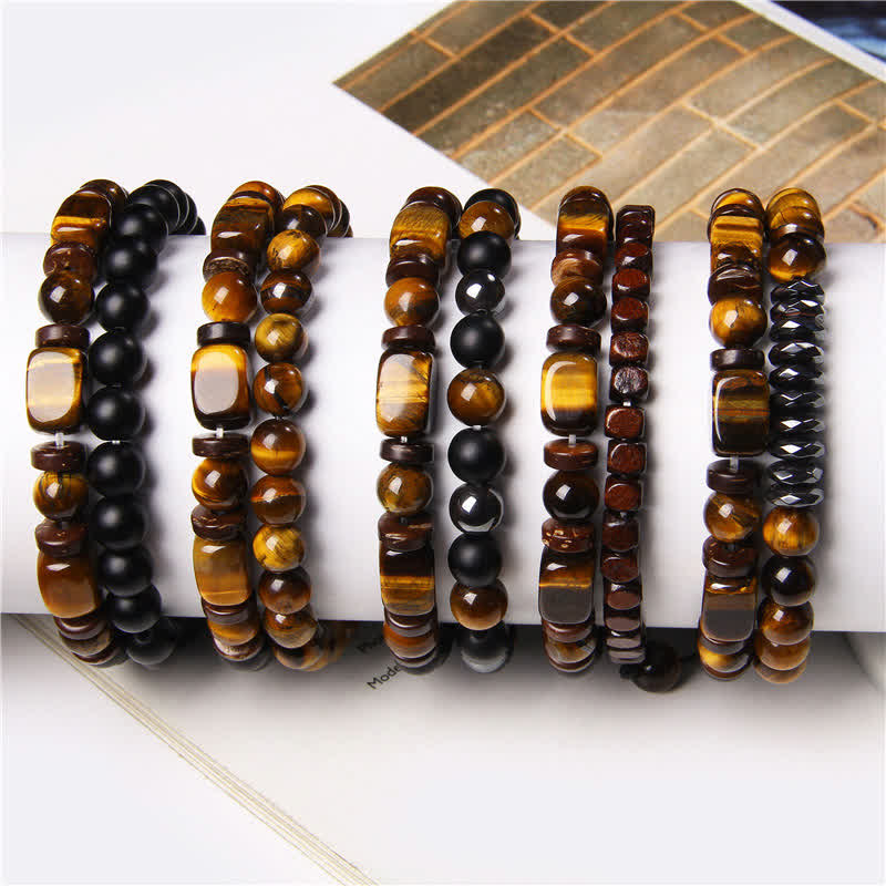Buddha Stones Pulsera de fuerza cuadrada de doble vuelta con cuentas de hematita ojo de tigre (2 piezas) - image 9