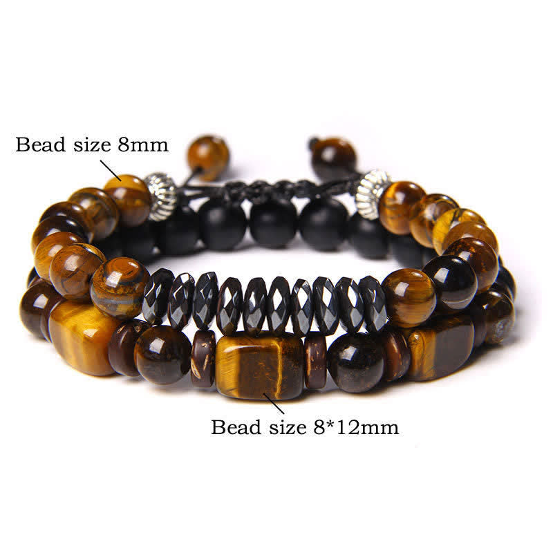 Buddha Stones Pulsera de fuerza cuadrada de doble vuelta con cuentas de hematita ojo de tigre (2 piezas) - 2 piezas de hematita facetada ojo de tigre (circunferencia de la muñeca: 16–17 cm) - image 0